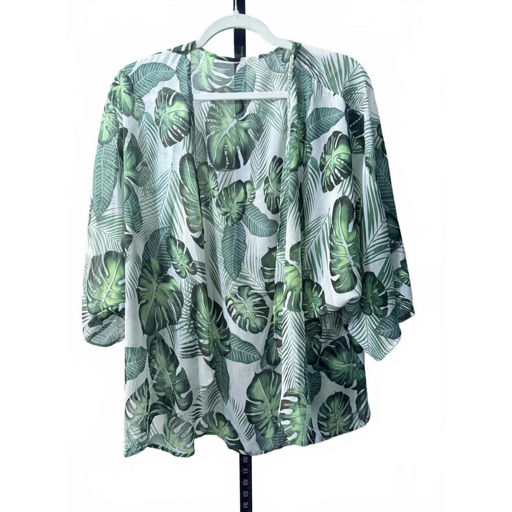 Green Leaf Print Kimono Cover Up